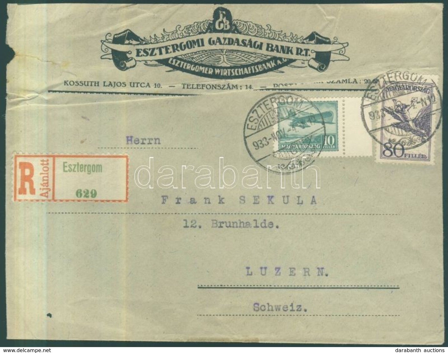 1933 Ajánlott Levél Svájcba 1927 Repülő 80f + 1933 Repülő 10f Bérmentesítéssel - Other & Unclassified