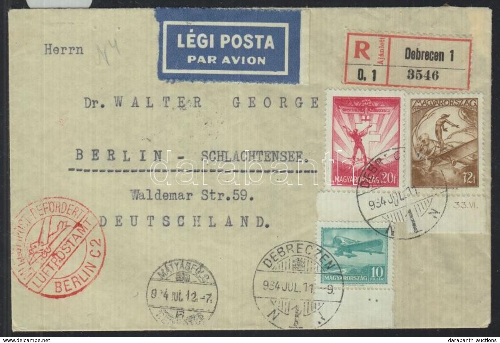 1934 Ajánlott Légi Levél Berlinbe / Registered Airmail Cover To Germany - Otros & Sin Clasificación