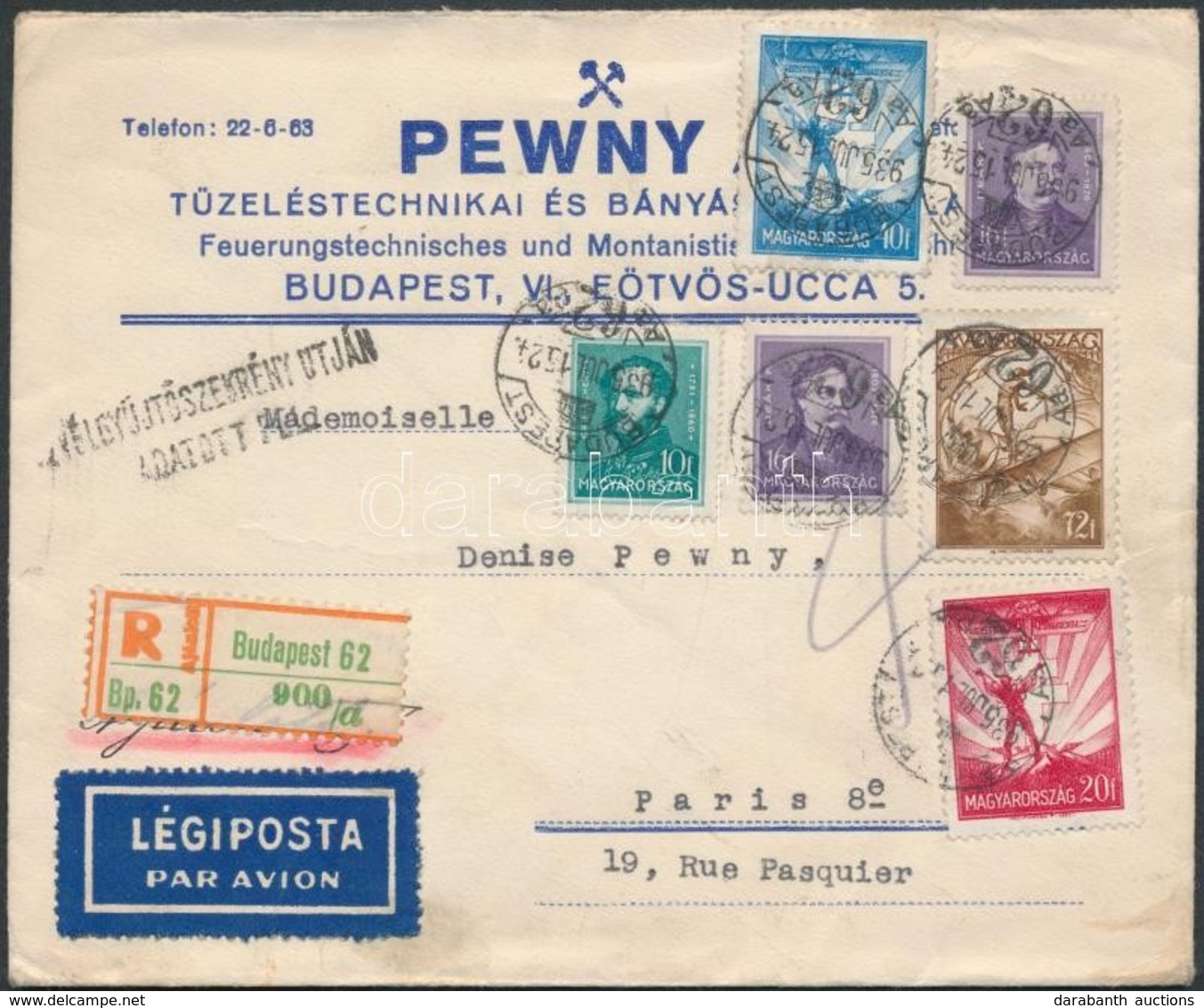1935 Ajánlott Légi Levél Párizsba Repülő és Arcképek Bérmentesítéssel / Airmail Cover To Paris - Otros & Sin Clasificación