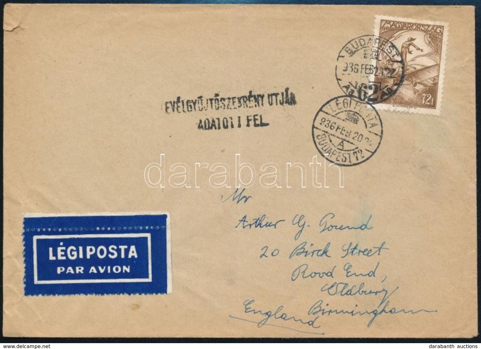 1936 Repülő 72f Egyes Bérmentesítés Légi Levélen Angliába / Airmail Cover To England - Other & Unclassified