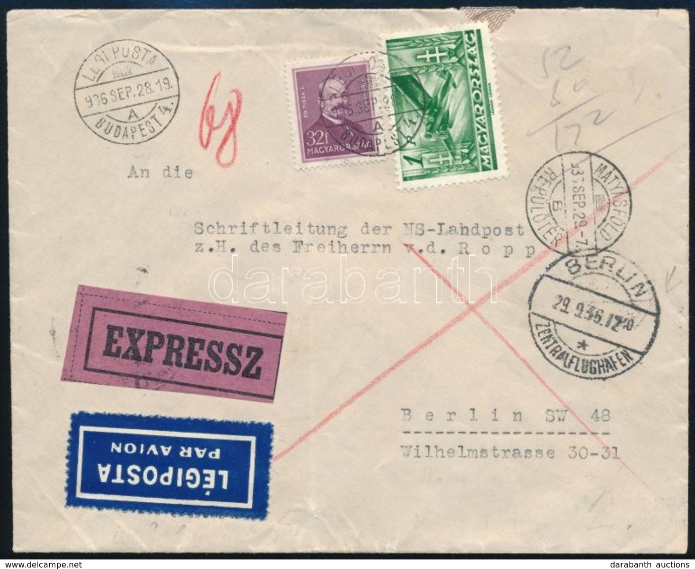 1936 Expressz Légi Levél 1,32P Bérmentesítéssel Berlinbe / Express Airmail Cover With 1,32P Franking To Berlin - Other & Unclassified