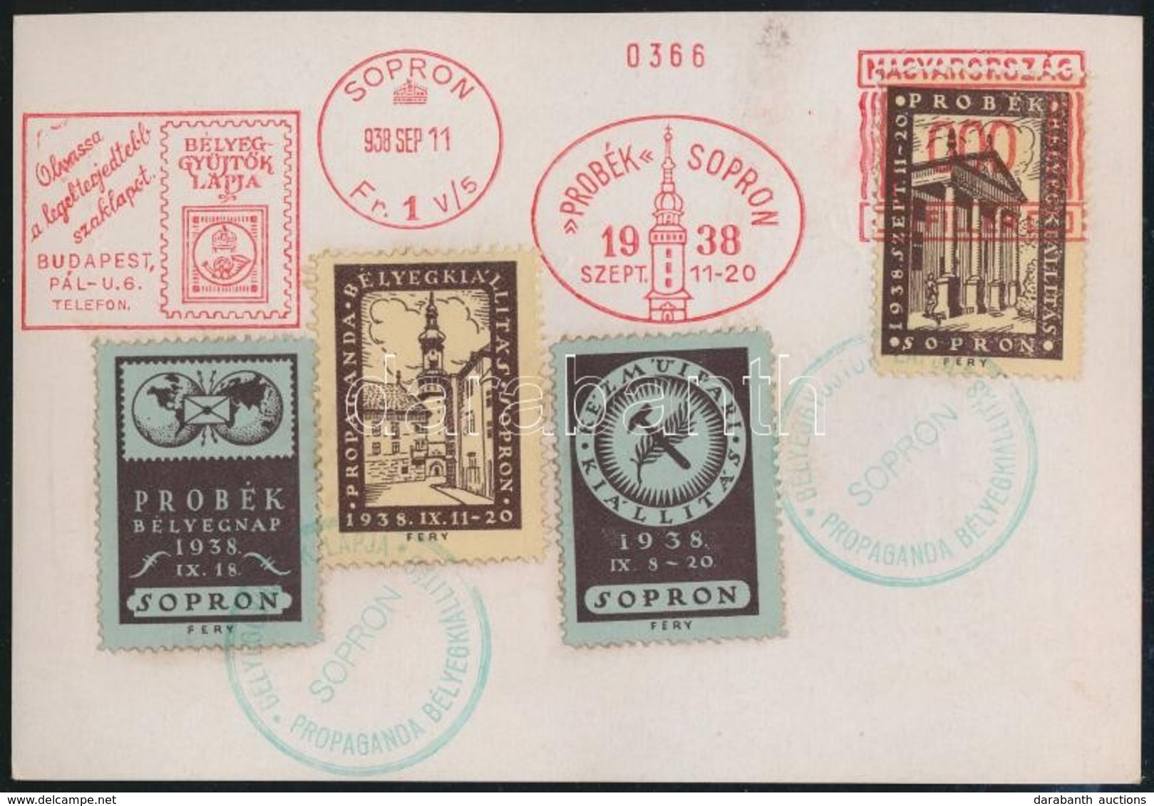 1938 Alkalmi Képeslap 4 Bélyeggel, Piros Színű Postai és Kékeszöld Magán Bélyegzéssel - Other & Unclassified
