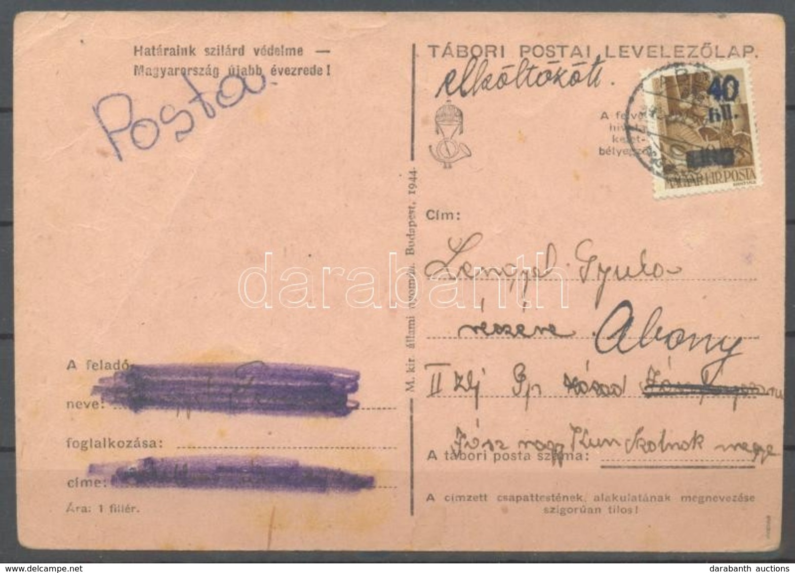 Abony 1945 Hadvezérek 40f/10f Távolsági Levelezőlapon Jászfényszarura, 'elköltözött' Jelzéssel Visszaküldve. A Bélyeg 10 - Other & Unclassified