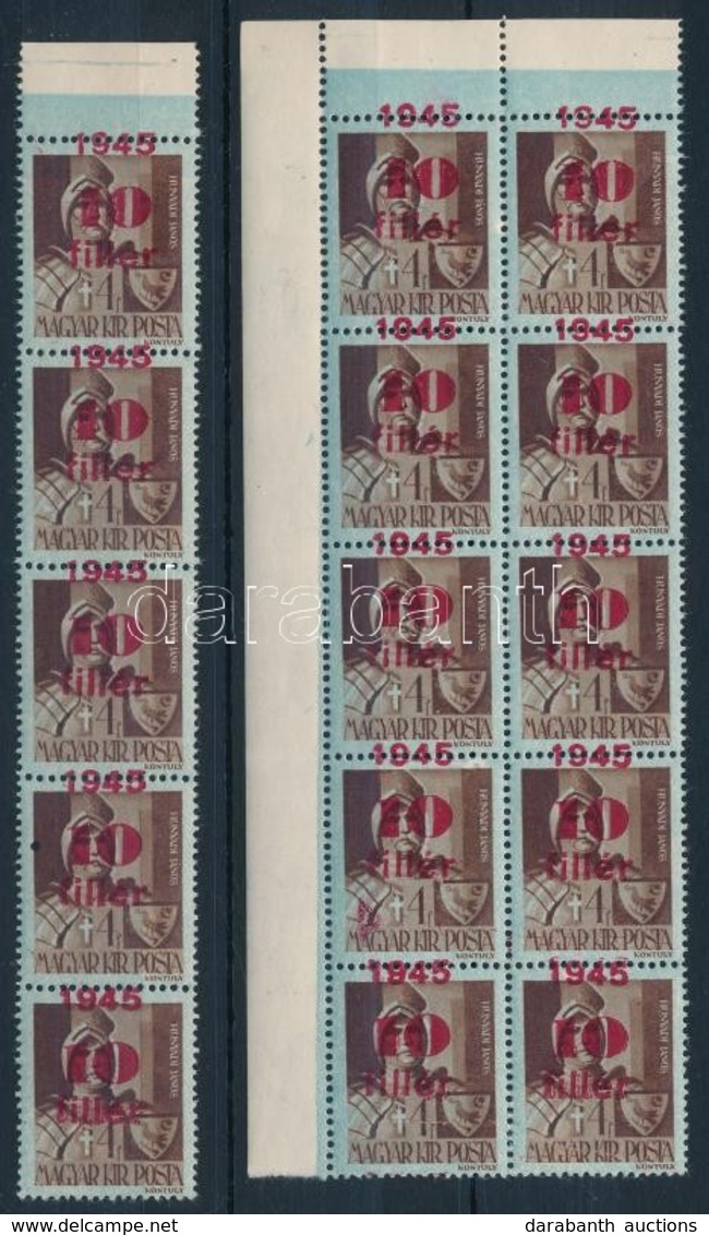 ** 1945 Kisegítő 10f/4f ötöscsík + Tízestömb Eltolódott Felülnyomással - Other & Unclassified