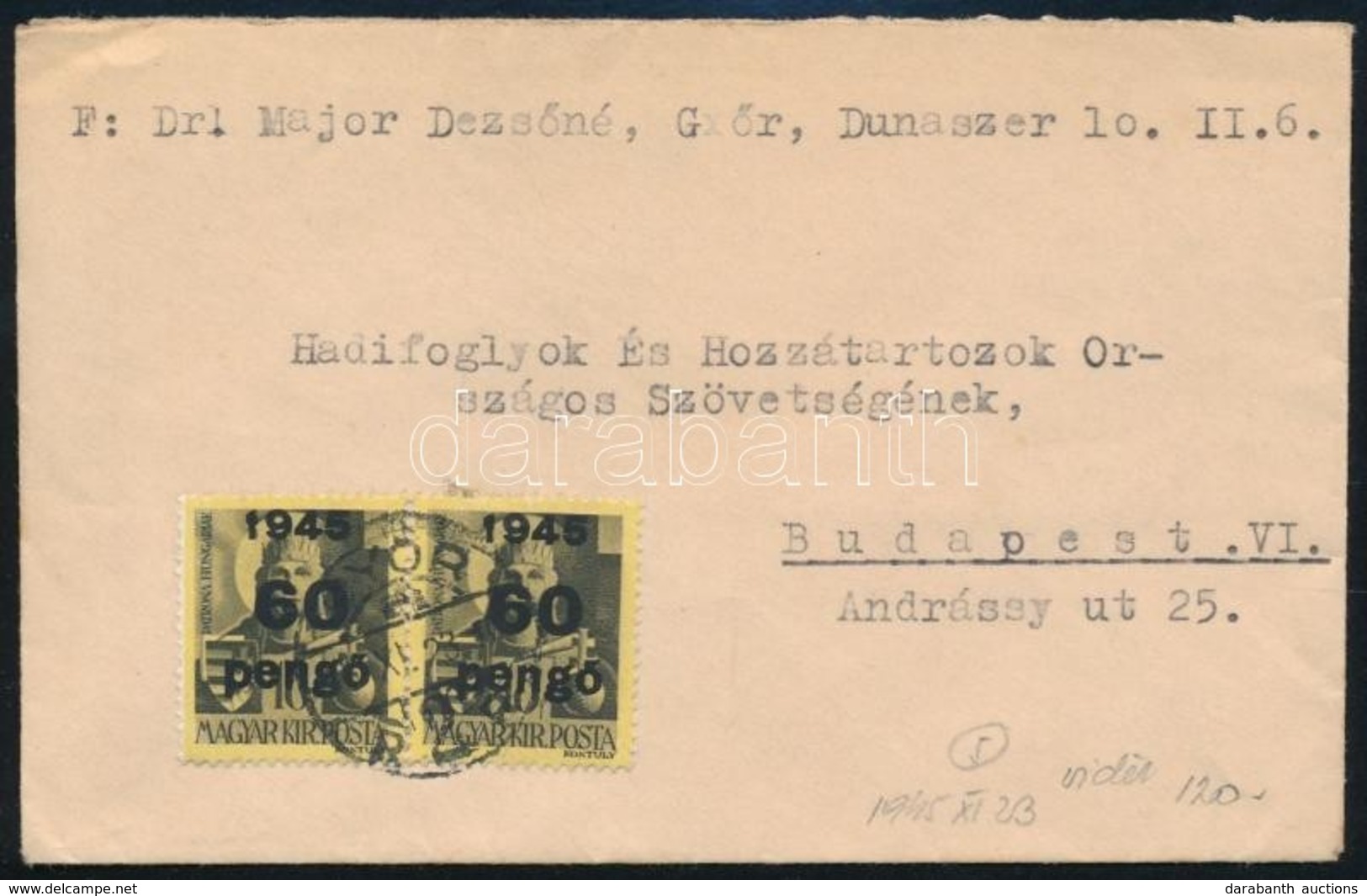 1945 (5. Díjszabás) Távolsági Levél Kisegítő 2 X 60P/18f Bérmentesítéssel - Other & Unclassified