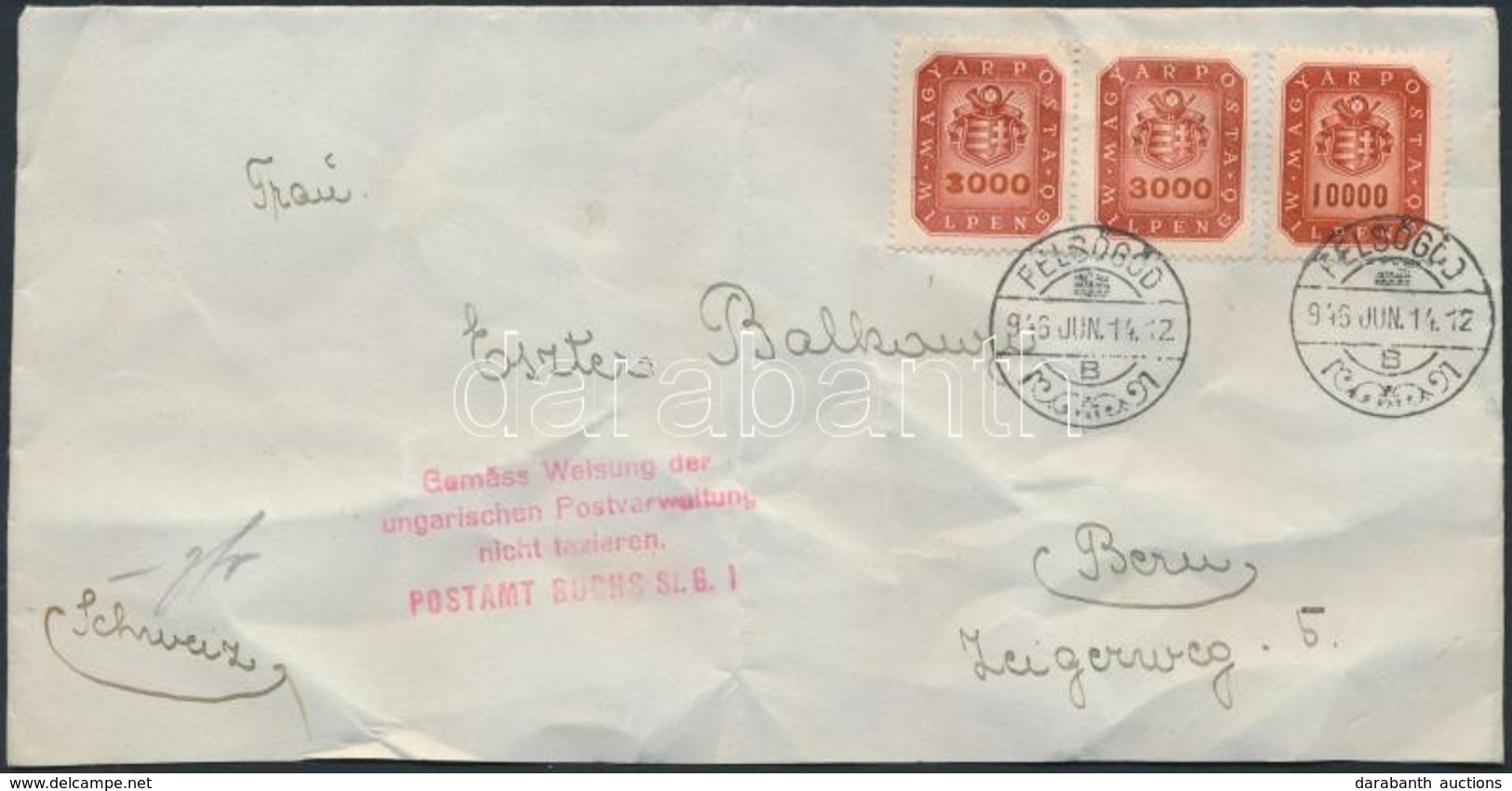 1946 (19.díjszabás) Levél Bern-be Milpengős 3000mP Pár + 10.000mP Bérmentesítve / Cover To Switzerland (gyűrött / Crease - Altri & Non Classificati