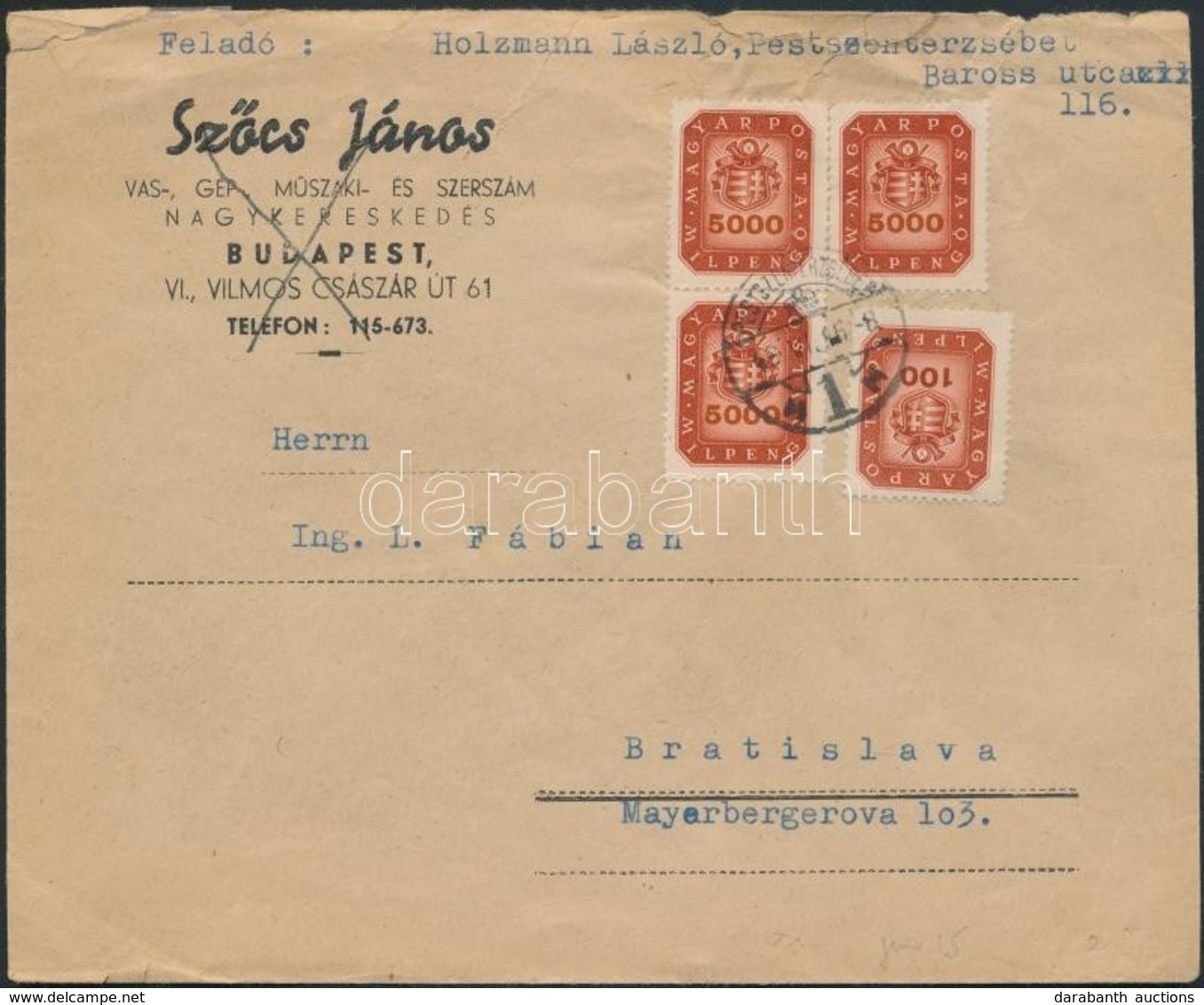 1946 (19. Díjszabás) Levél Csehszlovákiába 16.000 Helyett 15.100 Milpengő Bérmentesítéssel / Cover To Czechoslovakia Fra - Altri & Non Classificati