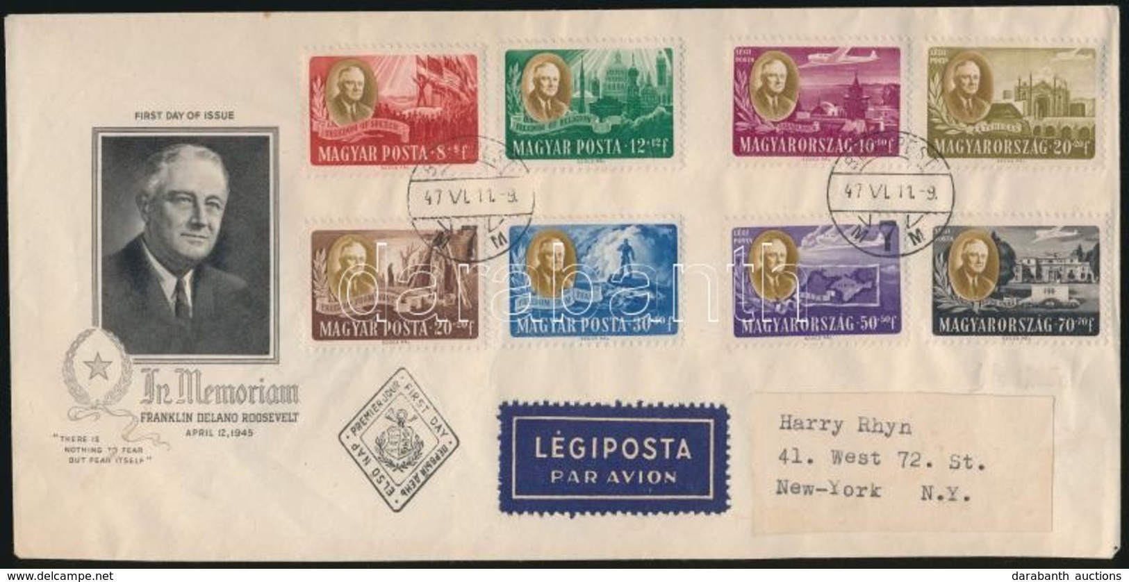 1947 Roosevelt Sor Légi FDC-n (10.000) - Other & Unclassified