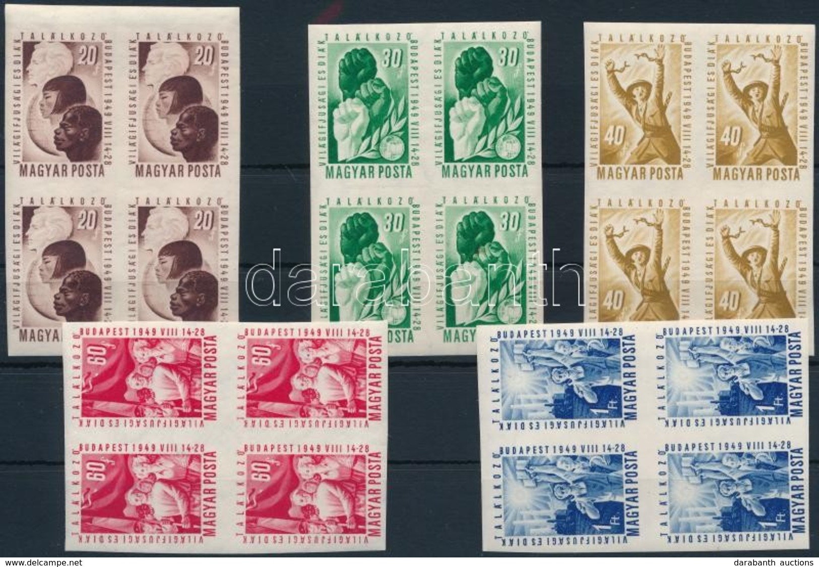 ** 1949 VIT Sor Vágott Négyes Tömbökben (80.000) / Mi 
1048-1052 Imperforate Blocks Of 4 - Other & Unclassified