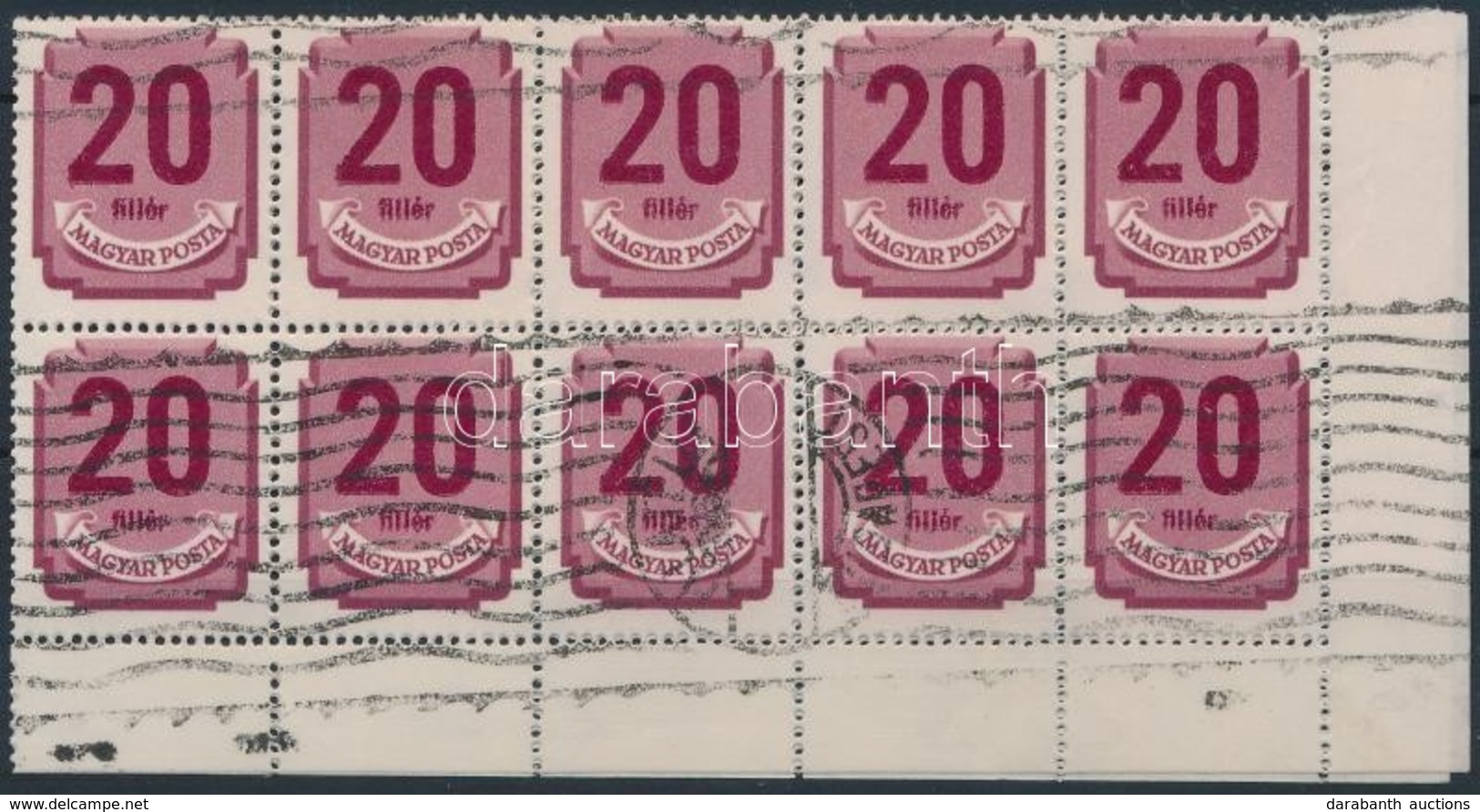 O 1950 Forint-fillér Portó (II.) Középen Hajtott 20-as Tömbben, 3 Bélyegen 'fiéllr' Szedéshiba - Other & Unclassified