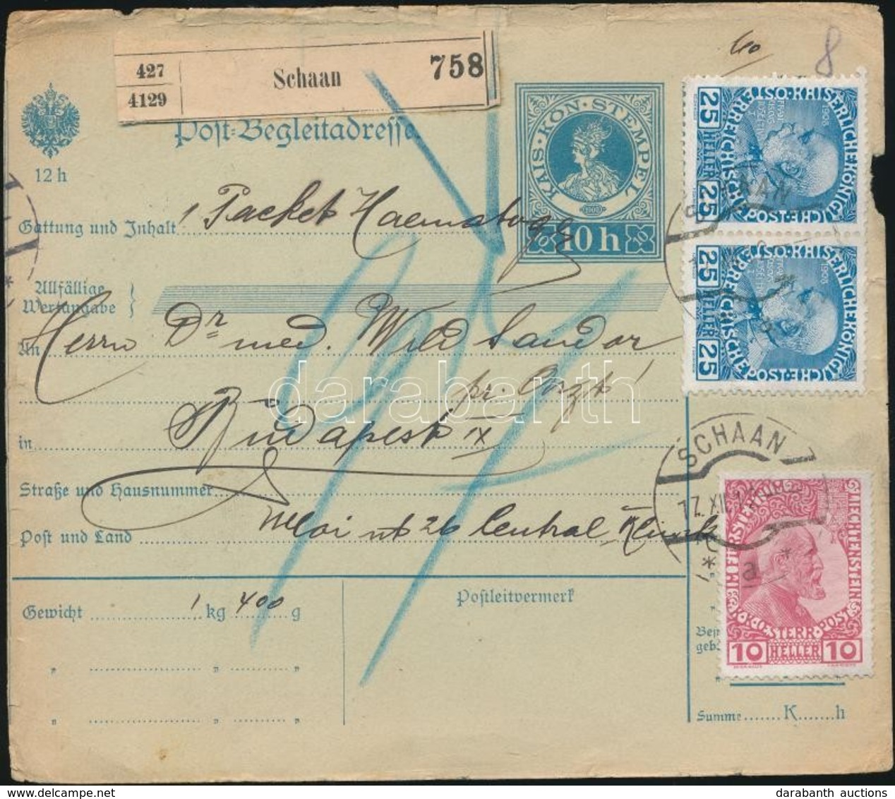 1912 Osztrák- Liechtensteini Vegyes Bérmentesítés Csomagszállítón / Austria - Liechtenstein Mixed Franking On Parcel Car - Altri & Non Classificati