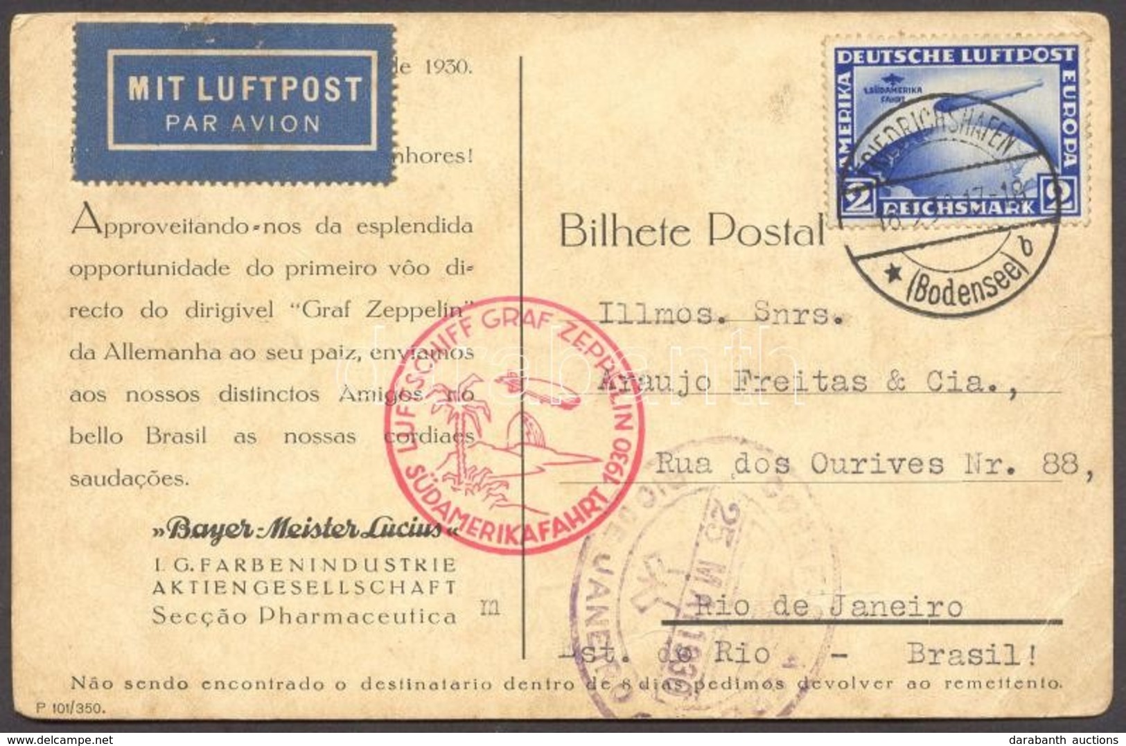 1930 Zeppelin 1. Dél-amerikai útja Képeslap Brazíliába / Zeppelin 1st South America Flight, Postcard To Rio De Janeiro,  - Altri & Non Classificati