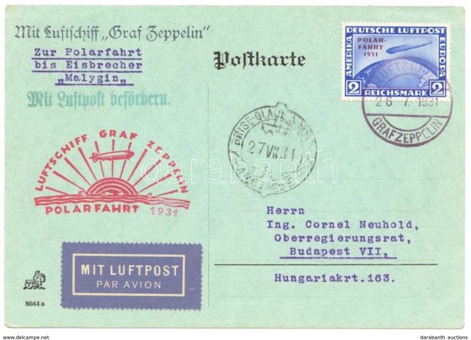 1931 Zeppelin Polarfahrt Levelezőlap A Malygin Jégtörőre 2RM Polarfahrt Bérmentesítéssel / Zeppelin Polarfahrt Postcard  - Otros & Sin Clasificación