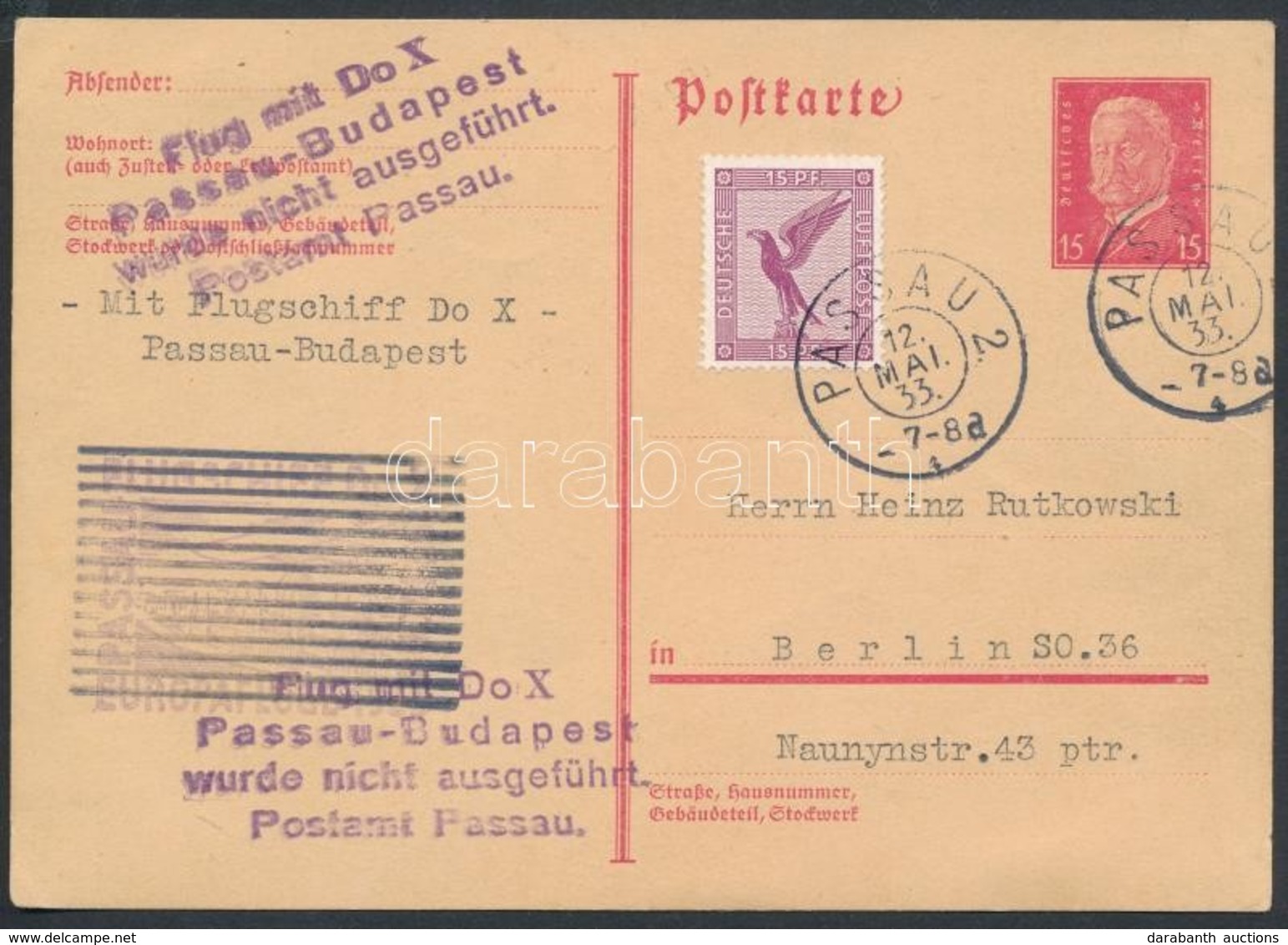 1933 A Dornier Do. X Elmaradt Budapesti Repülésére Feladott Díjkiegészített Díjjegyes Levelezőlap / Postcard Mailed For  - Autres & Non Classés