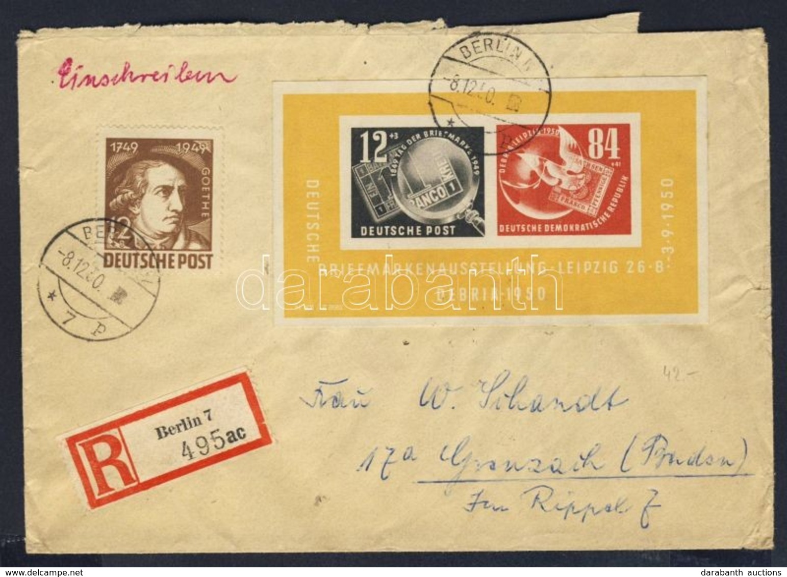 1950 Debria Blokk Ajánlott Levélen Az NSZK-ba / Mi. Block 7 With Additional Franking On Registered Cover To West Germany - Other & Unclassified