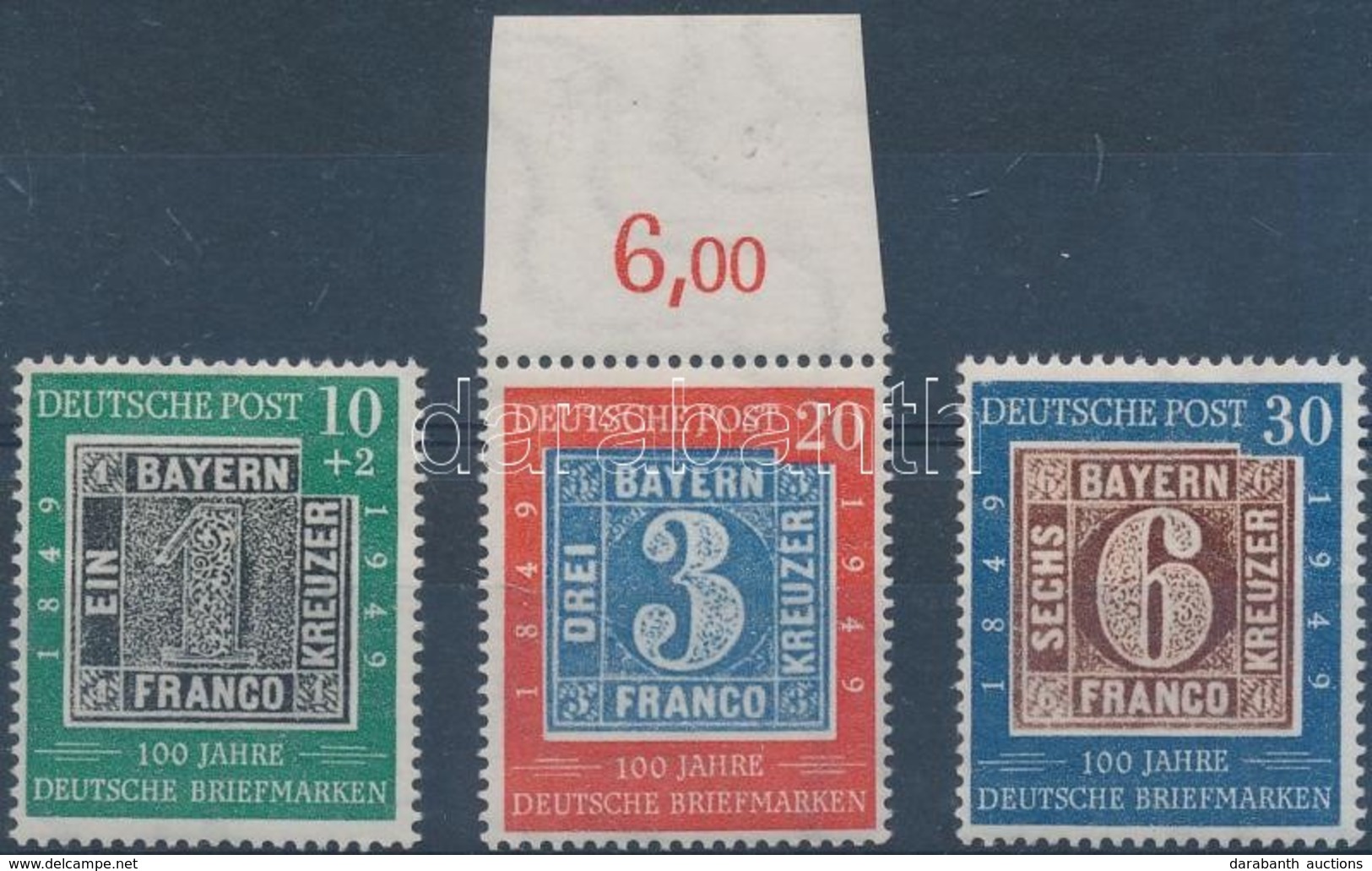 ** 1949 100 éves A Német Bélyeg Benne 20 Pf Lemezhibával Mi 113-114 II + 115 - Other & Unclassified