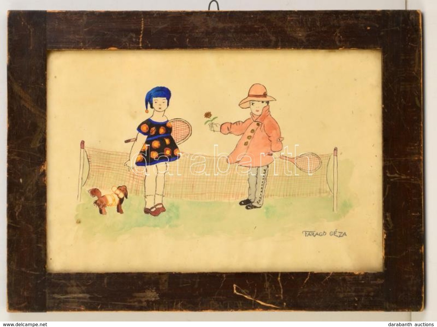 Faragó Jelzéssel: Romantikus Tenisz. Vegyes Technika, Papír, üvegezett Keretben, 27×41 Cm - Other & Unclassified
