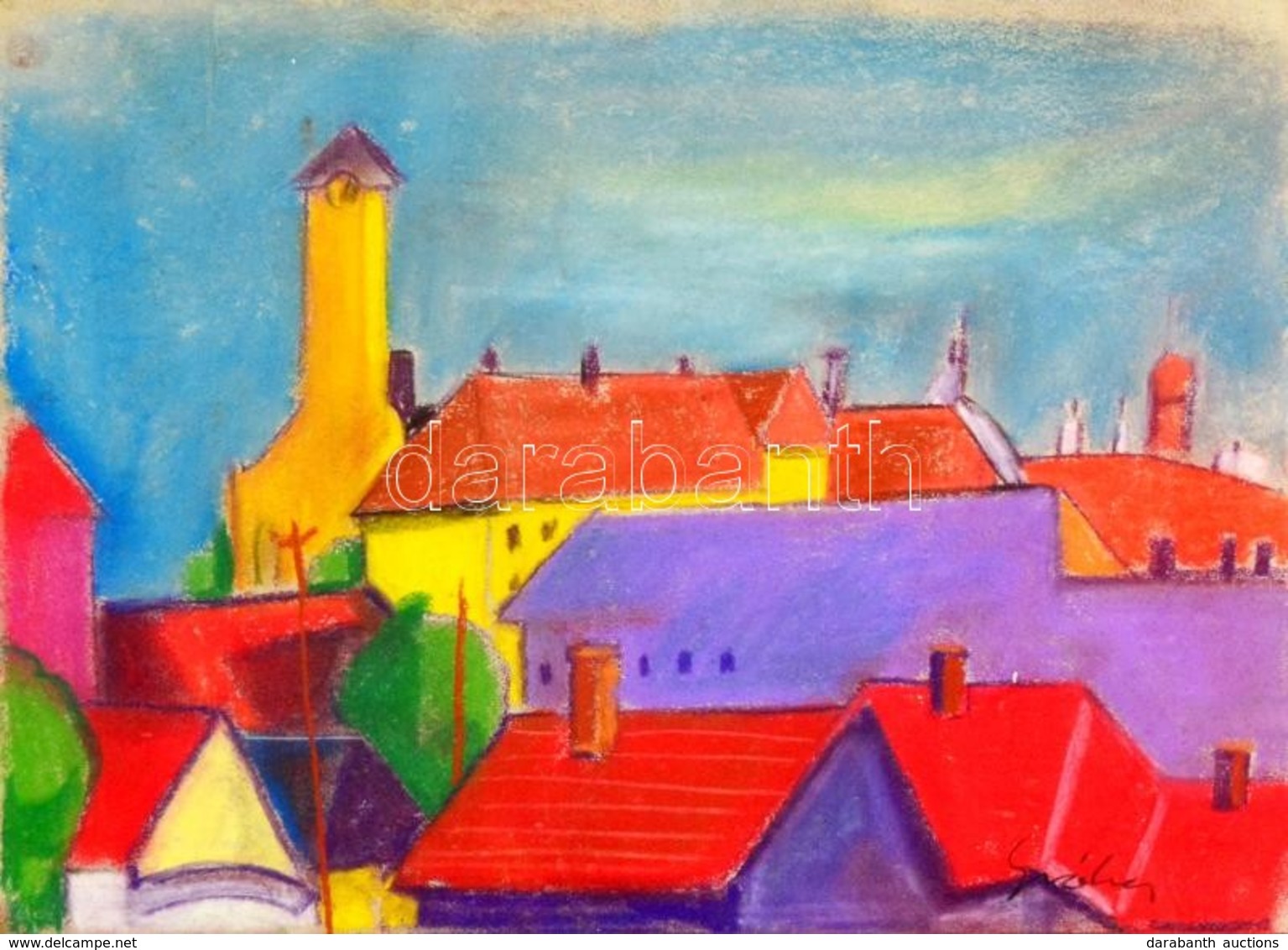 Gráber Jelzéssel: Háztetők. Pasztell, Papír, üvegezett Keretben, 30×42 Cm - Other & Unclassified