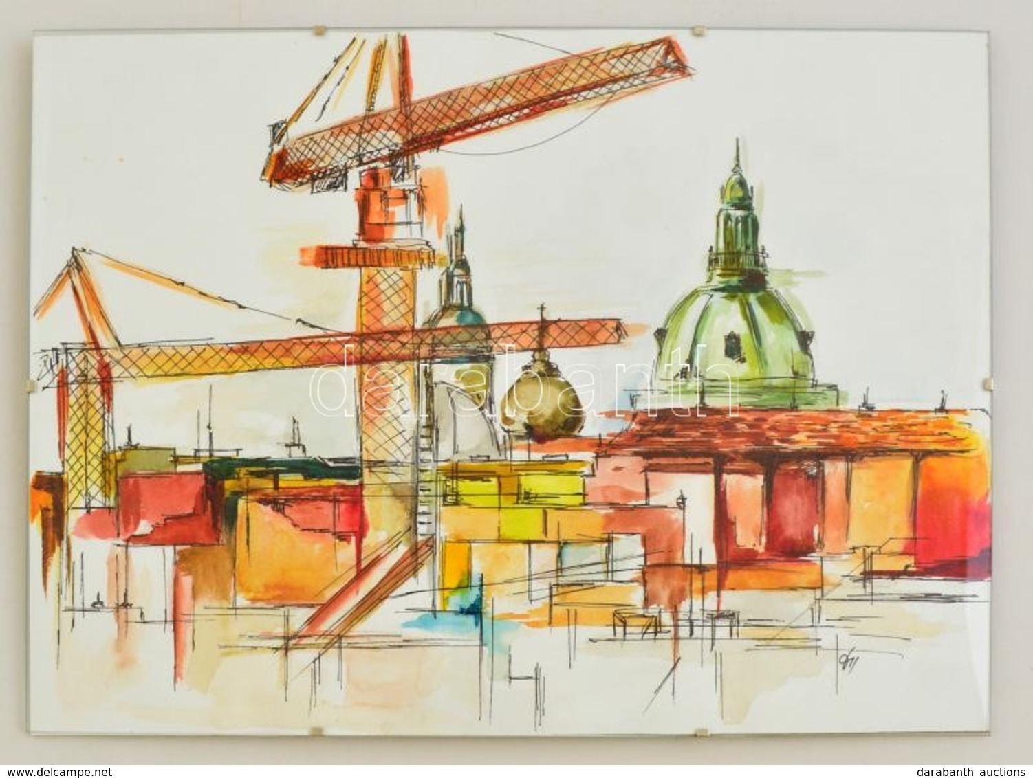 Kun Sarolta (1990- ): Felső Pest. Akvarell-tus, Papír, Jelzett, üvegezett Keretben, 40×30 Cm - Other & Unclassified