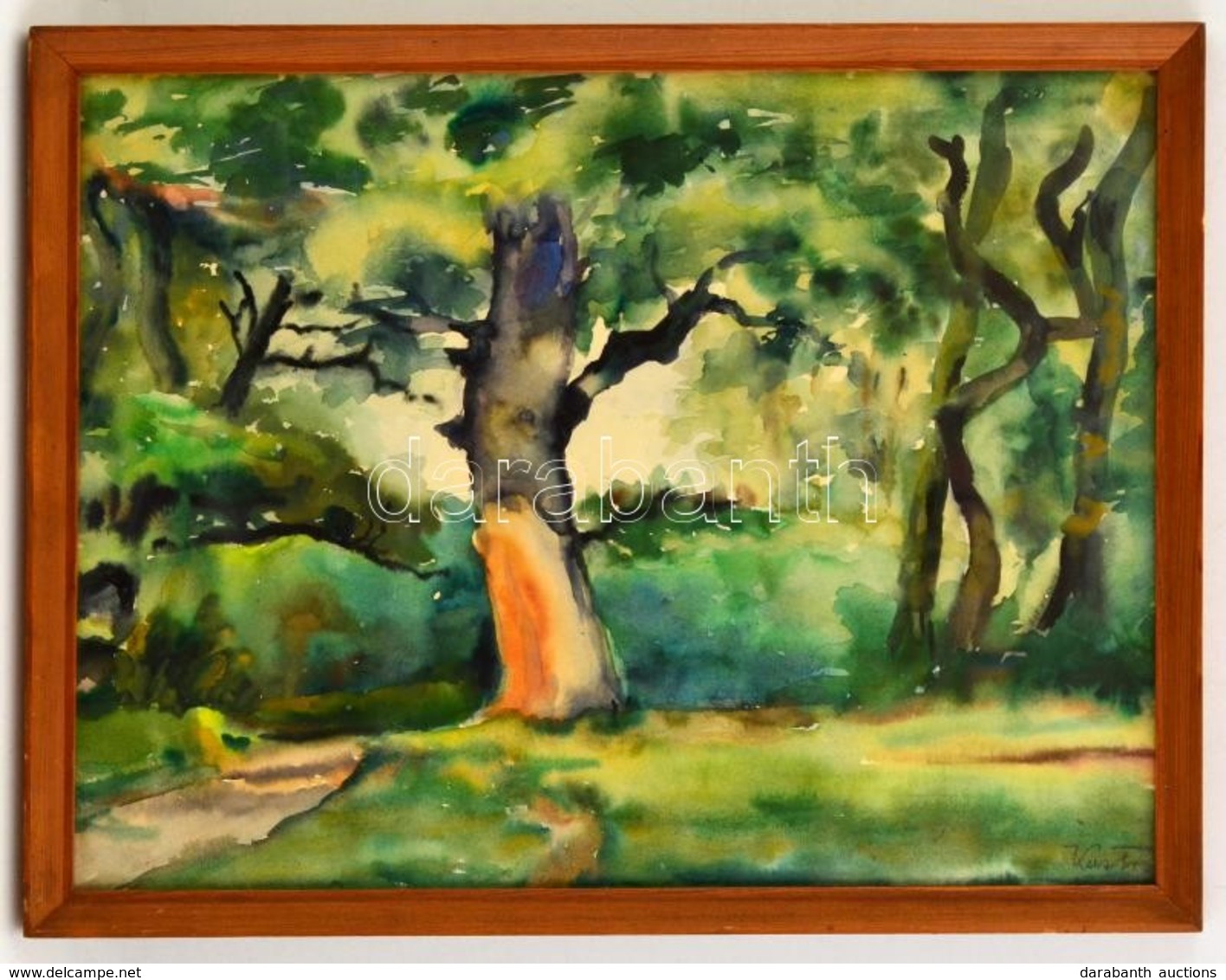 Kustos Jelzéssel: Zöldellő Erdő, Akvarell, Papír, üvegezett Fa Keretben, 32×42 Cm - Other & Unclassified