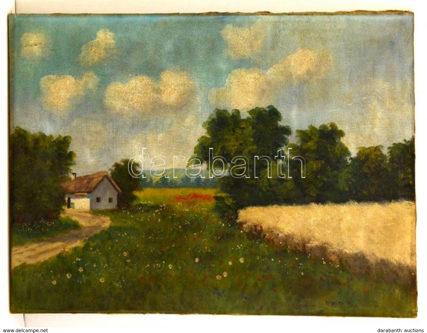 Püspöki Jelzéssel: Parasztház Az út Szélén. Olaj, Vászon, 60×80 Cm - Other & Unclassified