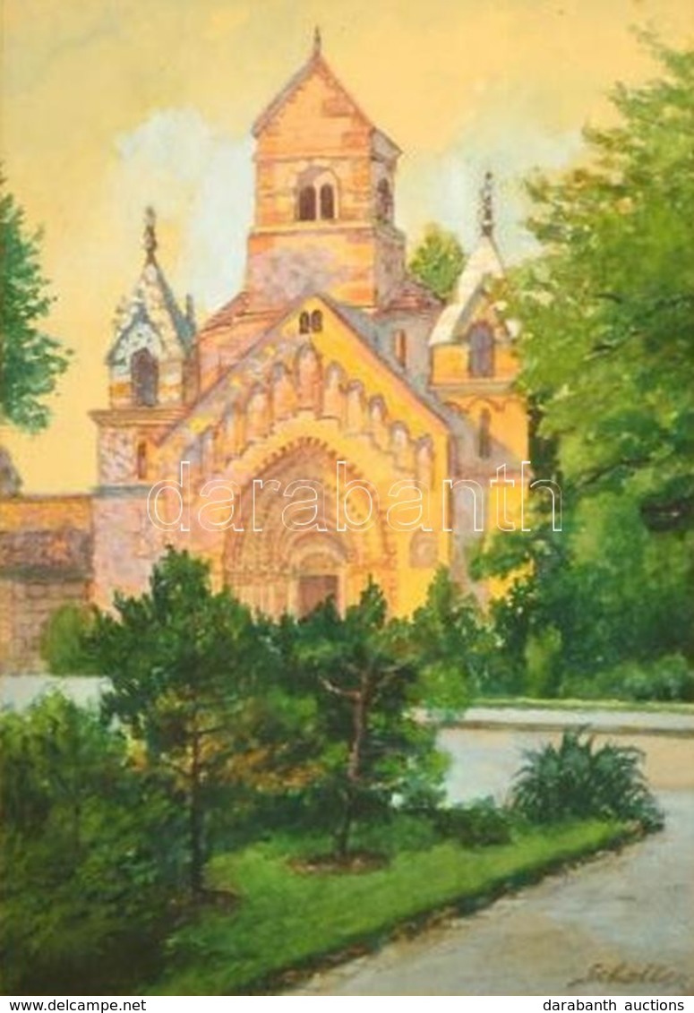Scholler Rezső (1882-?): Jáki Templom. Akvarell, Papír, üvegezett Keretben, 27×18 Cm - Other & Unclassified