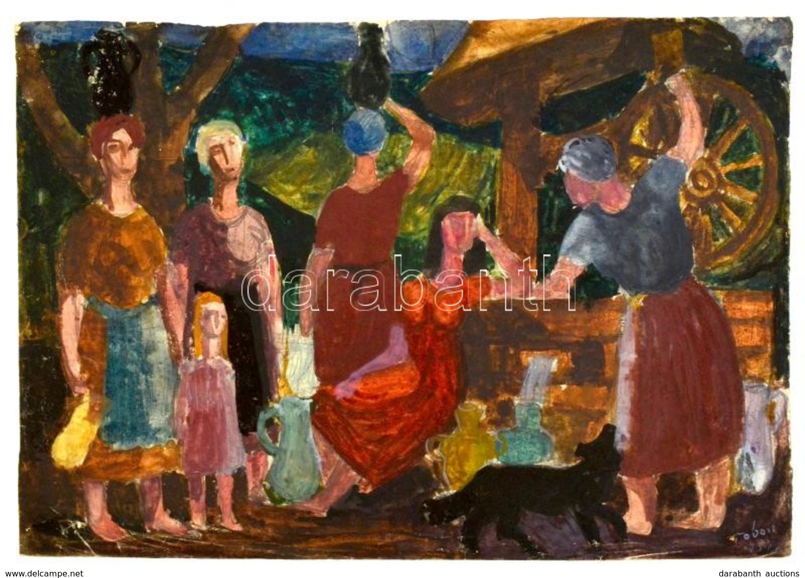 Taban Jelzéssel: Asszonyok A Kútnál. Akvarell, Papír, Gyűrődéssel, 30×43 Cm - Other & Unclassified