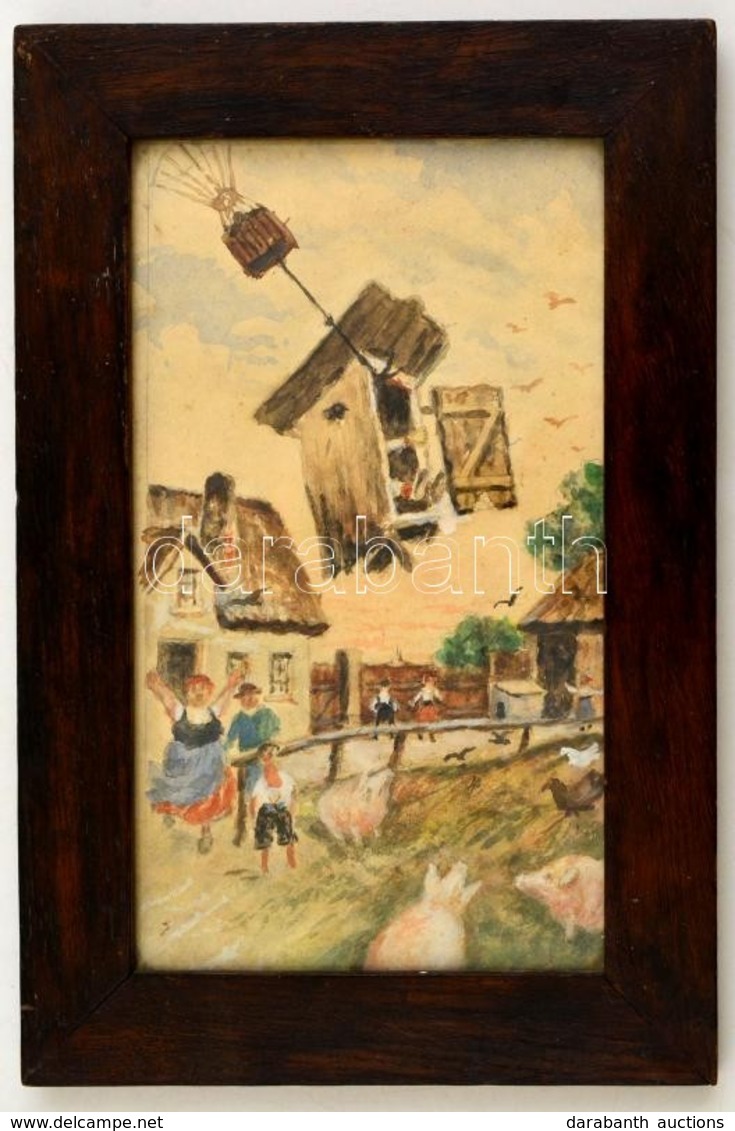 Jelzés Nélkül: A Repülő Klozet, Akvarell, Papír, üvegezett Fa Keretben, 24,5×13,5 Cm - Other & Unclassified