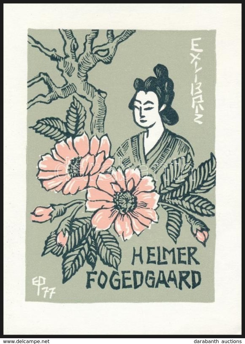 Edmund Peter (?-?): Ex Libris Helmer Fogedgaar. Színes Linómetszet, Papír, Jelzett A Linón, 10×7 Cm - Altri & Non Classificati