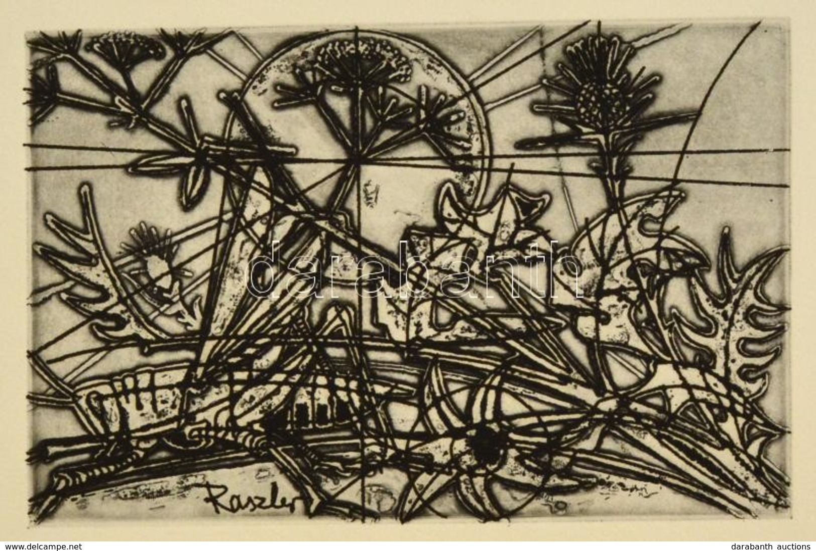 Raszler Károly (1925-2005): Virágszálak. Rézkarc, Papír, Jelzett, 9,5×14,5 Cm - Altri & Non Classificati