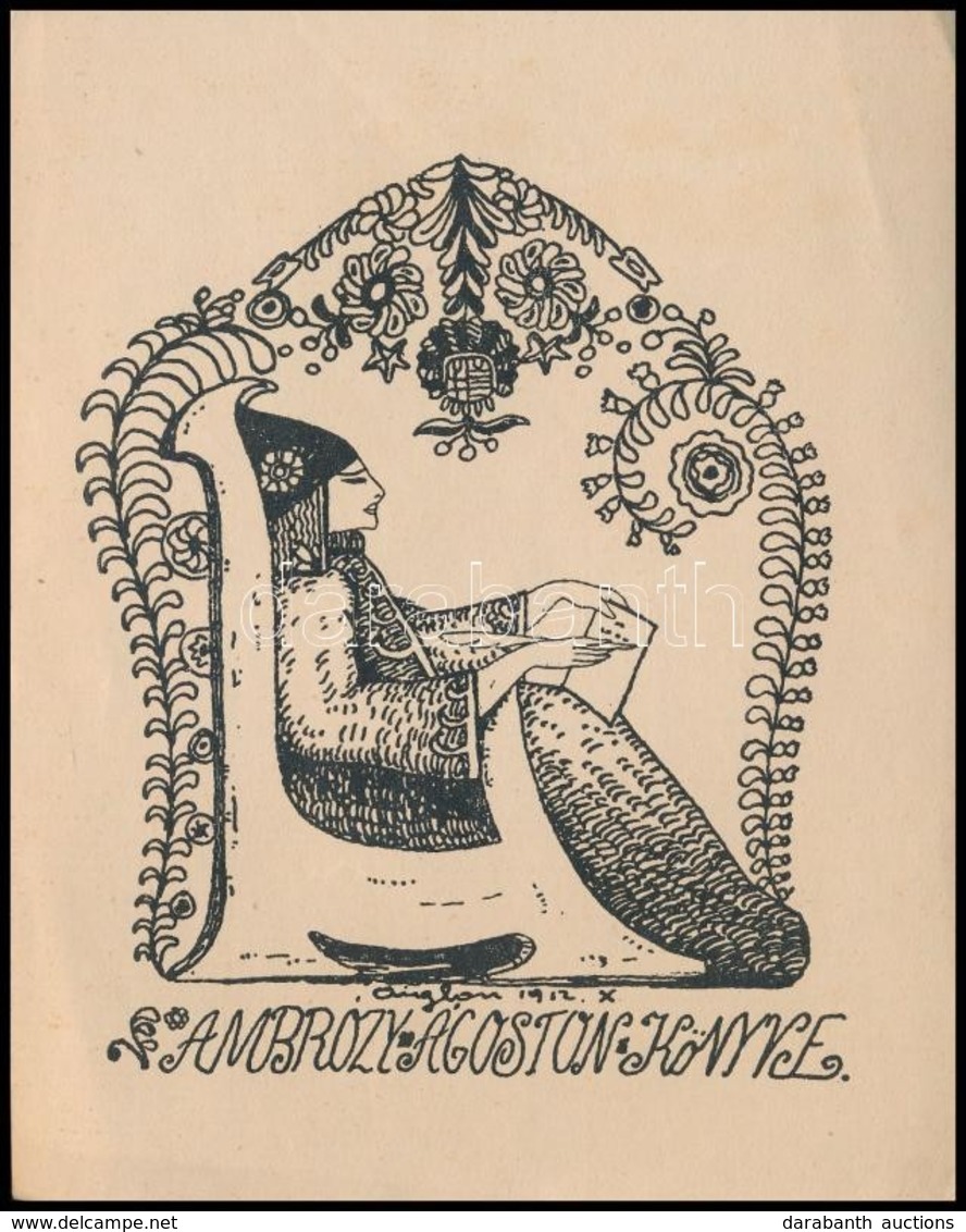 Sassy Attila (Aiglon) (1880-1967): Ambrózy Ágoston Könyve, Ex Libris. Klisé, Papír, Jelzett A Klisén, 15x11,5 Cm - Other & Unclassified