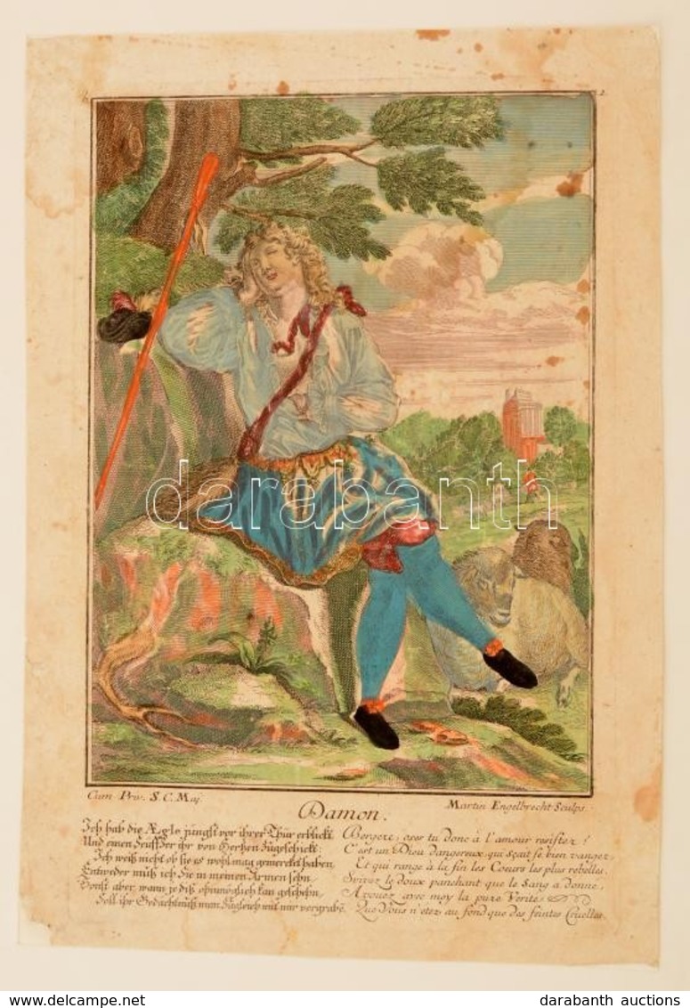 Martin Engelbrecht (cca 1700-1756): Damon, Színezett Metszet, Restaurált, 30x19 Cm - Stampe & Incisioni