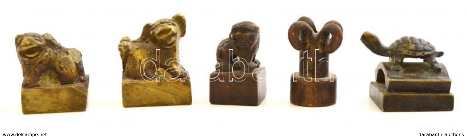 5 Db Bronz Kínai Pecsétnyomó, Fő Kutyák, Teknős,  / Chinese Seal Makers Bronze Turtle, Pho Dogs, Cca 3x2,5 Cm - Other & Unclassified