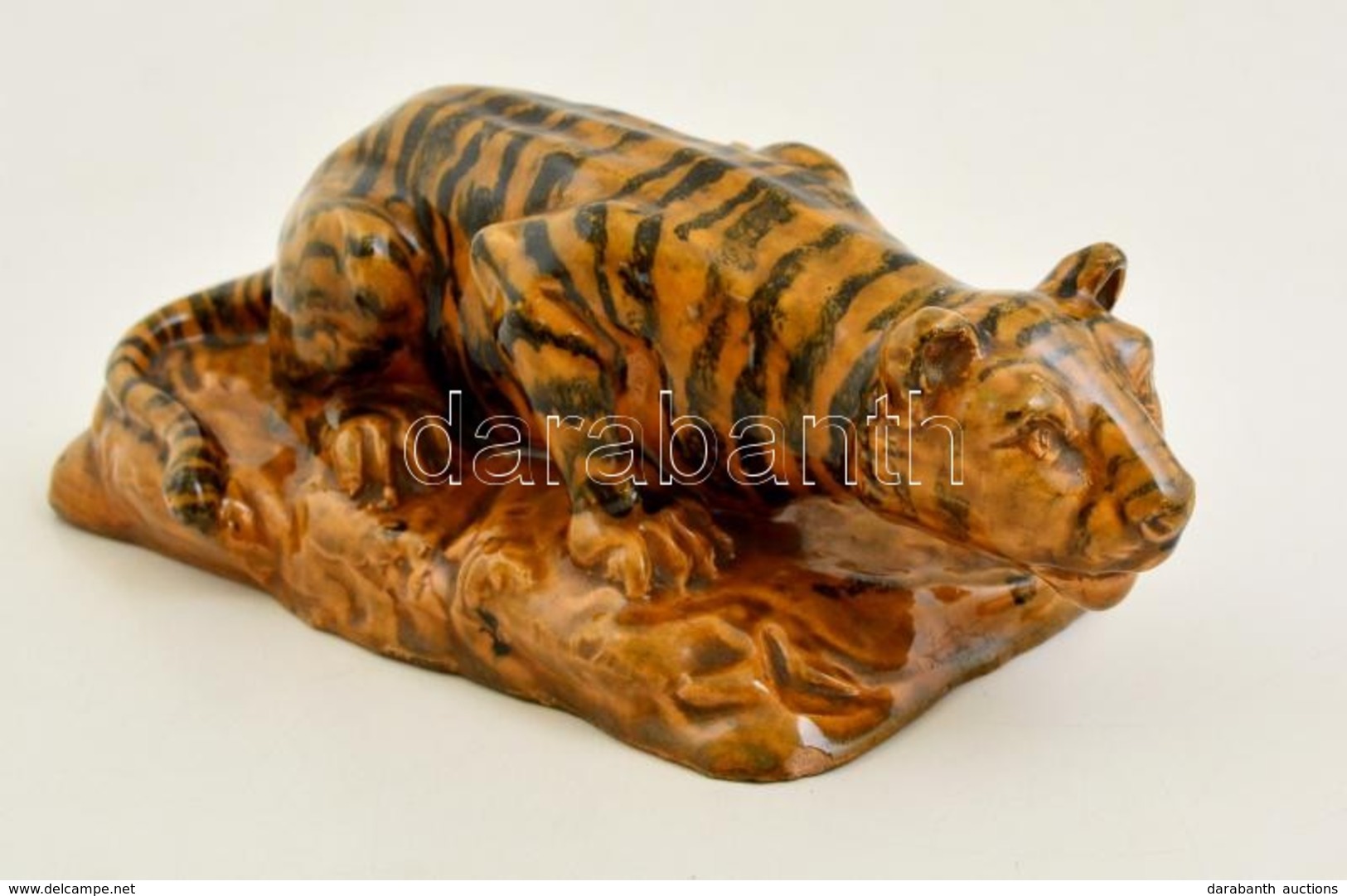 Mázas Kerámia Tigris, Jelzett, Lepattanással, 28x12 Cm - Altri & Non Classificati