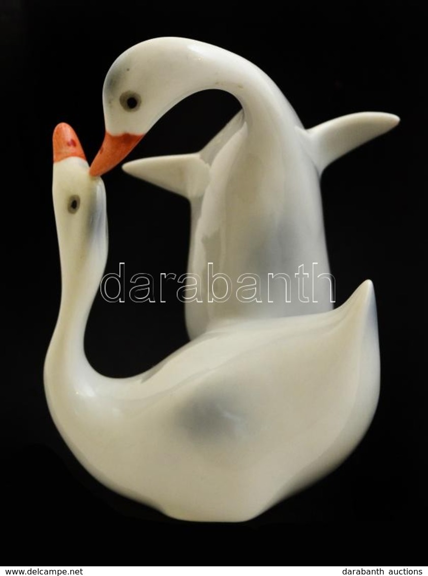 Hollóházi Porcelán Liba Pár, Kézzel Festett, Jelzett, Hibátlan, M: 10,5 Cm - Other & Unclassified