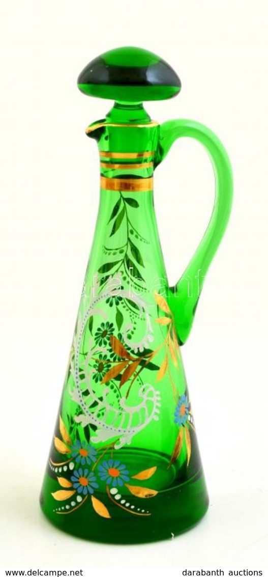 Ajka Zöld Ecetes üveg, Kézi Festéssel, Jelzett, Dugón Kis Sérüléssel, M: 22 Cm - Verre & Cristal