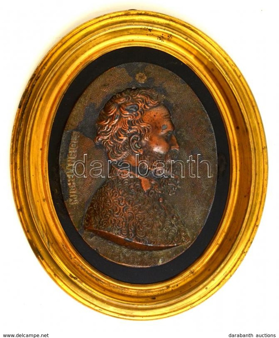 'Michelangiolo(!)', Michelangelo Portréja, Bronzírozott ón, Jelzett (RG), Fa Keretben, 12×9 Cm - Other & Unclassified