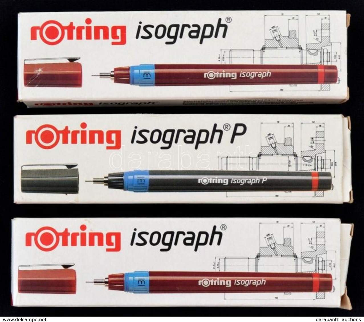 Rotring Isograph Csőtoll, Eredeti Dobozában, 3 Db, Leírással, H: 13 Cm Különböző Méretben ( 0,5, 1,0, 2,0 ), újszerű áll - Other & Unclassified