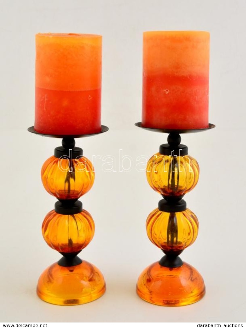 Narancssárga öntött üveg Gyertyatartó Fém Részekkel Párban , Hibátlan+2 Db Gyertya, M: 18 Cm (2×) - Other & Unclassified