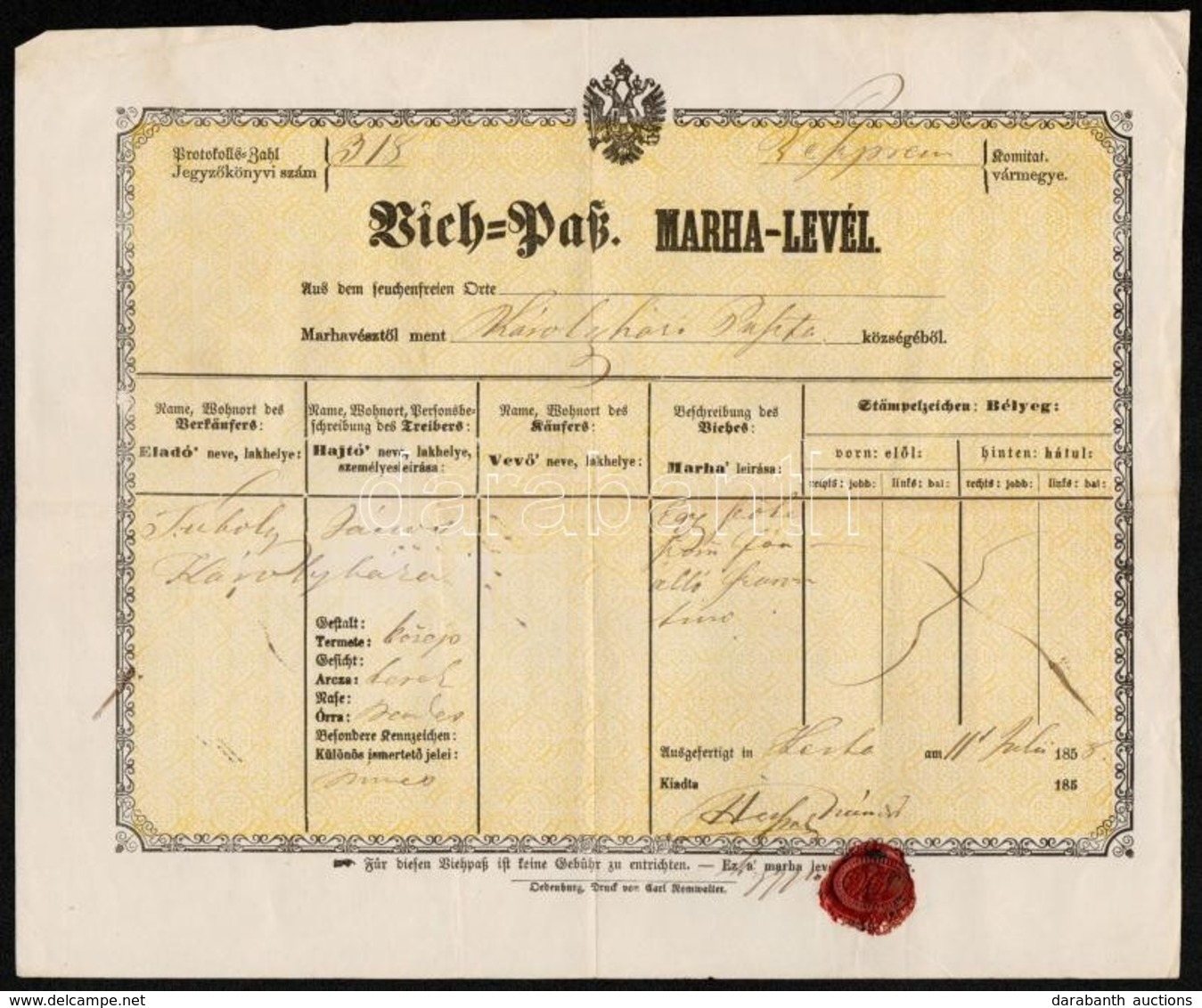 1858 Károlyháza Magyar és Német Nyelvű Marhalevél - Unclassified