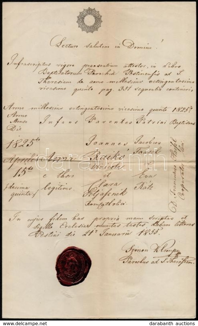 1858 Anyakönyvi Kivonat, 15 Kr. Szignettával, A Pesti Ávilai Nagy Szent Teréz Plébániatemplom Viaszpecsétjével, Klempa S - Unclassified