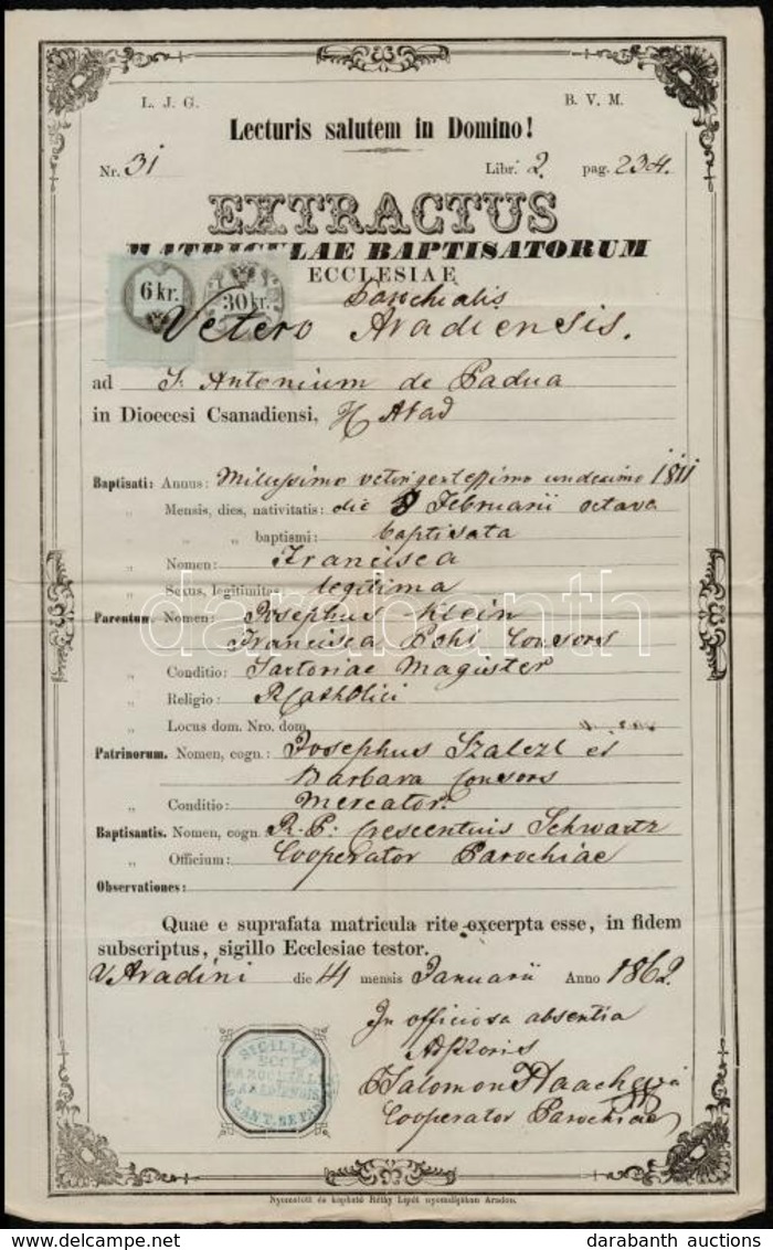 1862 Arad, Az óaradi Páduai Szent Antal-plébánia  Keresztelési Anyakönyvi Kivonata, Latin Nyelven, Bélyegzőkkel - Unclassified