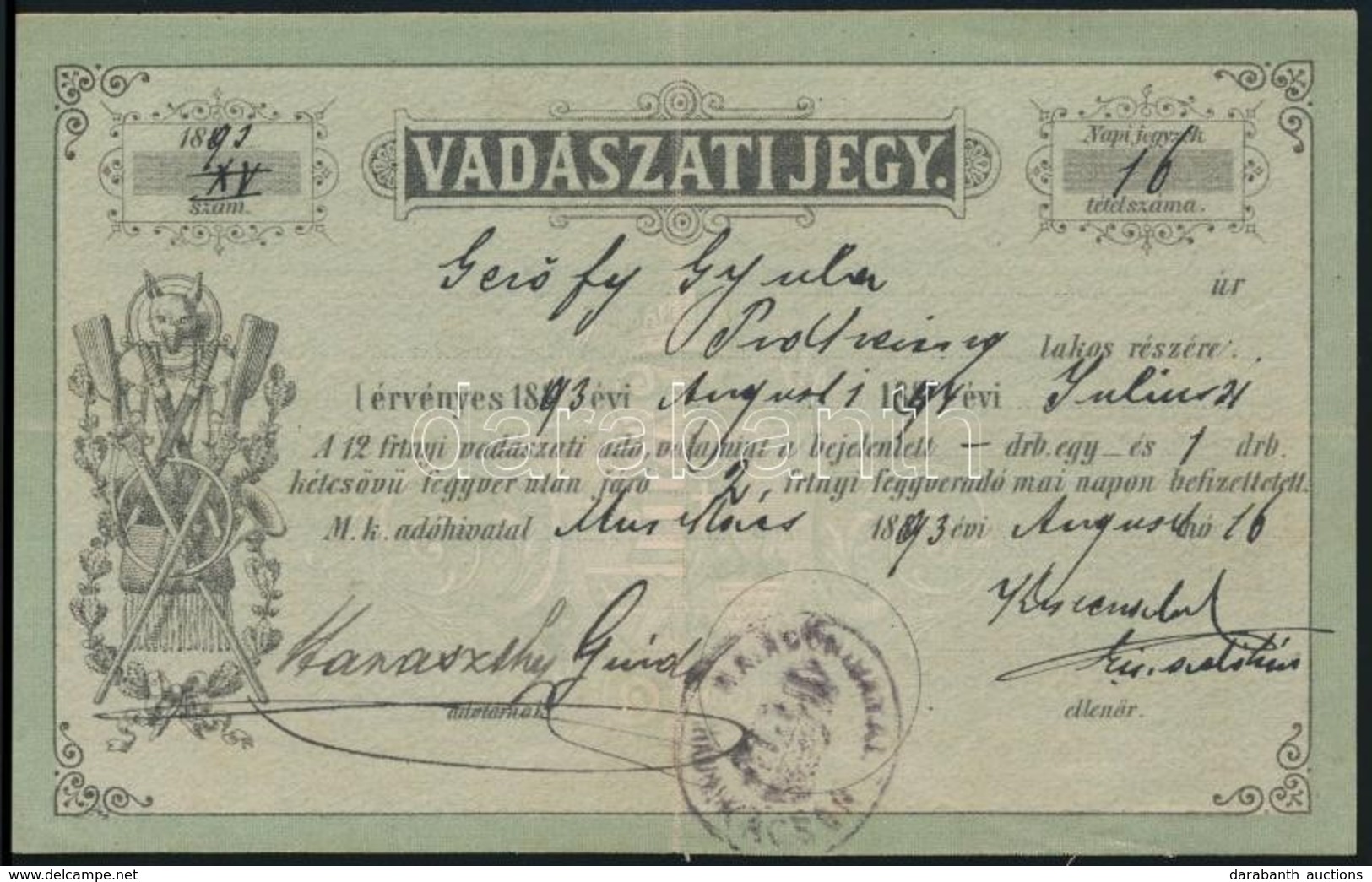 1893 Munkács, Vadászati Jegy / Hunter Ticket - Unclassified