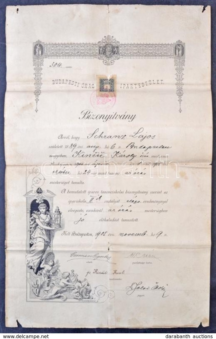 1905 A Budapesti Órás Ipartestület Bizonyítványa órástanonc Részére, Illetékbélyeggel - Non Classificati