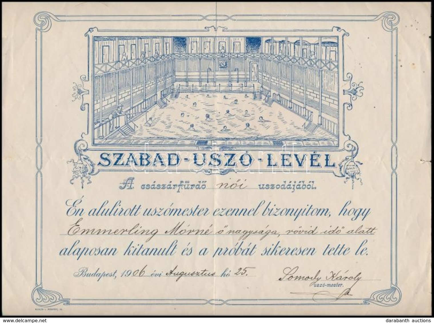1906 Szabad-uszó-levél, A Császárfürdő Női Uszodájából, Hajtásnál Kis Szakadások, 23x29,5 Cm - Unclassified