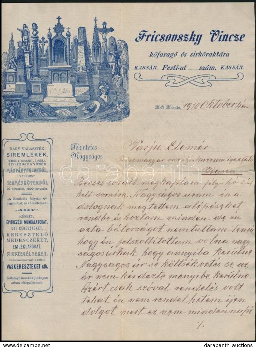 1910 Kassa (Felvidék), Fricsovszky Vince Kőfaragó és Sírkőraktára Fametszetes Fejlécű Levele Varju Elemér Múzeumigazgató - Non Classés
