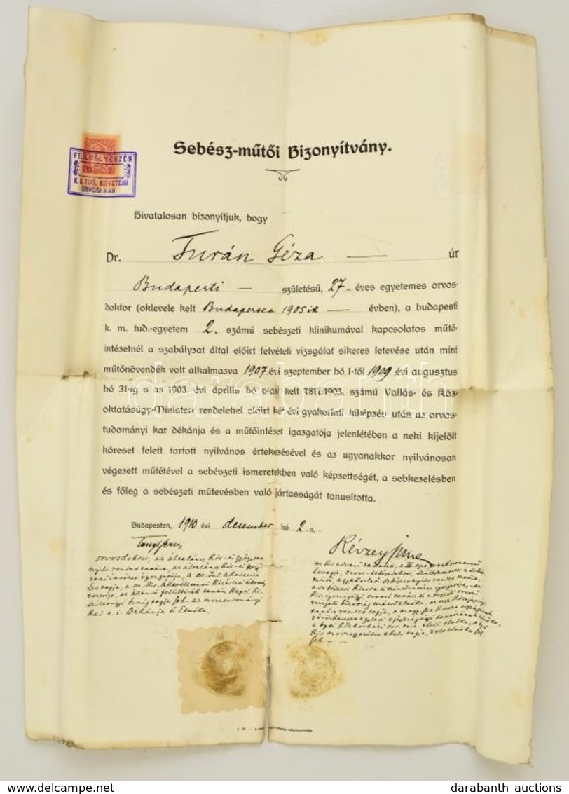 1910 Bp., A Kir. Magyar Tudomány Egyetem 2. Számú Sebészeti Klinika által Kiállított Sebész-műtői Igazolvány, 2K Okmányb - Unclassified