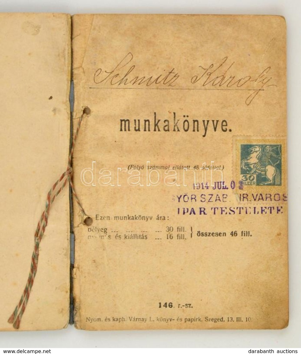 1914-1950 Munkakönyv Hentes Segéd Részére, 20f. Illetékbélyeggel, Viseltes állapotban./
1914-1950 Worker's Book For Butc - Unclassified