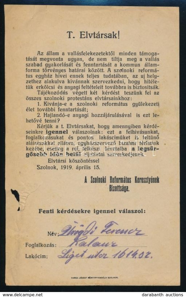 1919 Szolnoki Református Keresztyének Bizottságának Röpirata A Szabad Vallásgyakorlásról, Kissé Szakadozott, Kissé Hiány - Unclassified