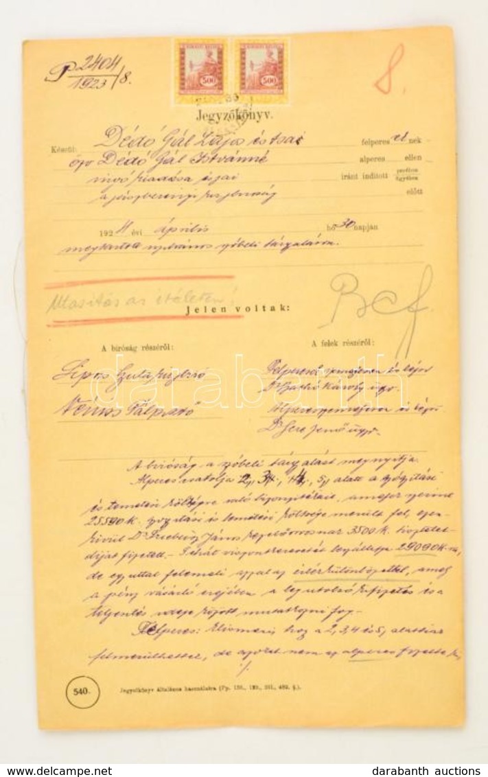 1924 Bírósági Jegyzőkönyv, Inflációs Illletékbélyegekkel (62 Db 500 K.), Aláírásokkal - Unclassified